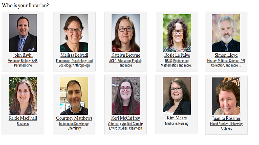 Photo of  the librarians with their subject areas.